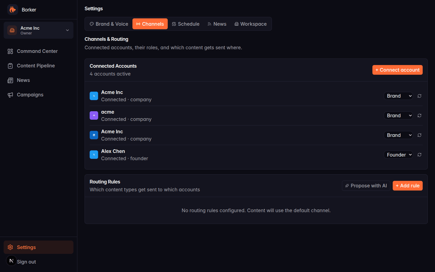 Settings Channels tab