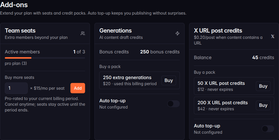 Open Settings → Billing → Add-ons to see all three add-on types
