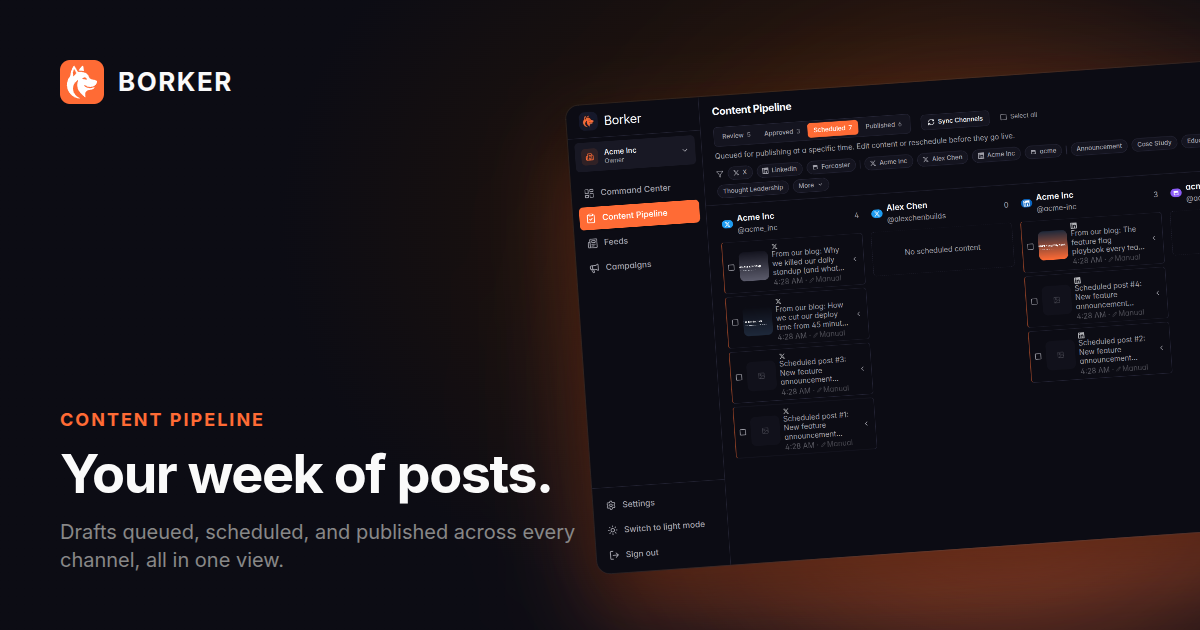 The Content Pipeline: drafts across X, Farcaster, LinkedIn, and Paragraph channels, grouped by review state with one card per draft.